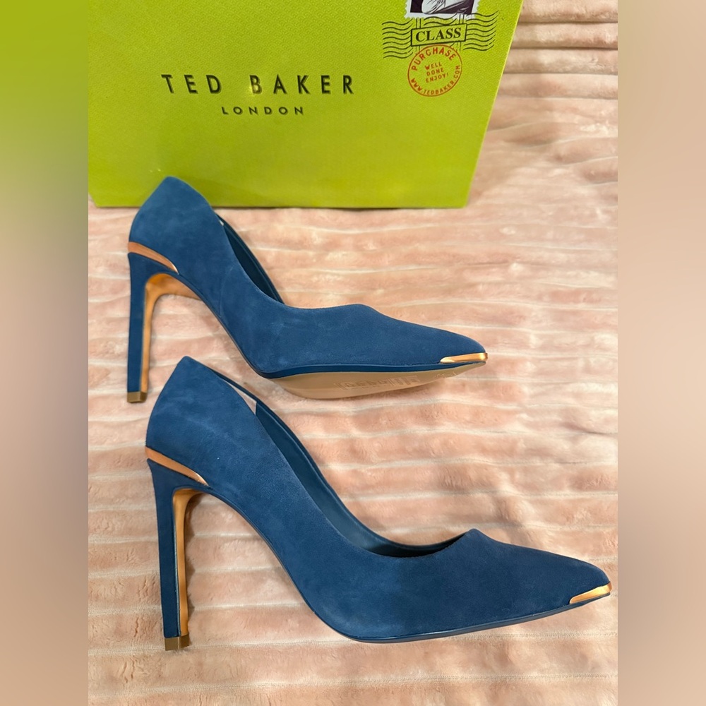 Ted Baker Melnis Denim Blue Heels with Gold Accents - Picture 12 of 16